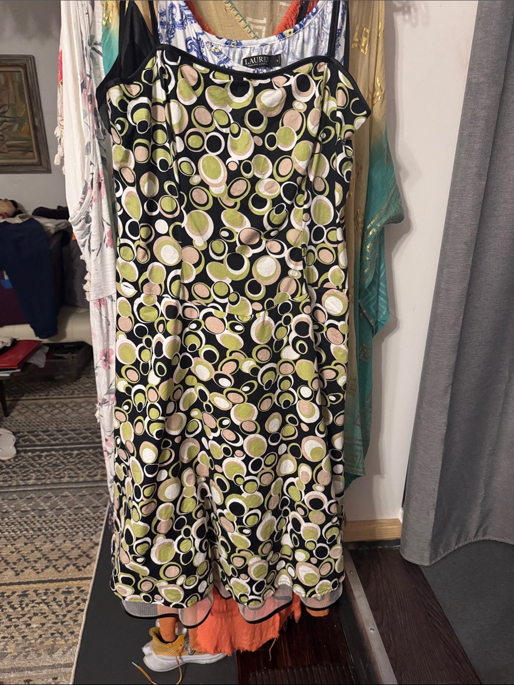 Layered midi dress with Green and Cream Circle Print